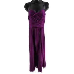 Amsale 100% Silk Sweetheart Halter Dark Plum Purple Chiffon Maxi Dress Womens 8